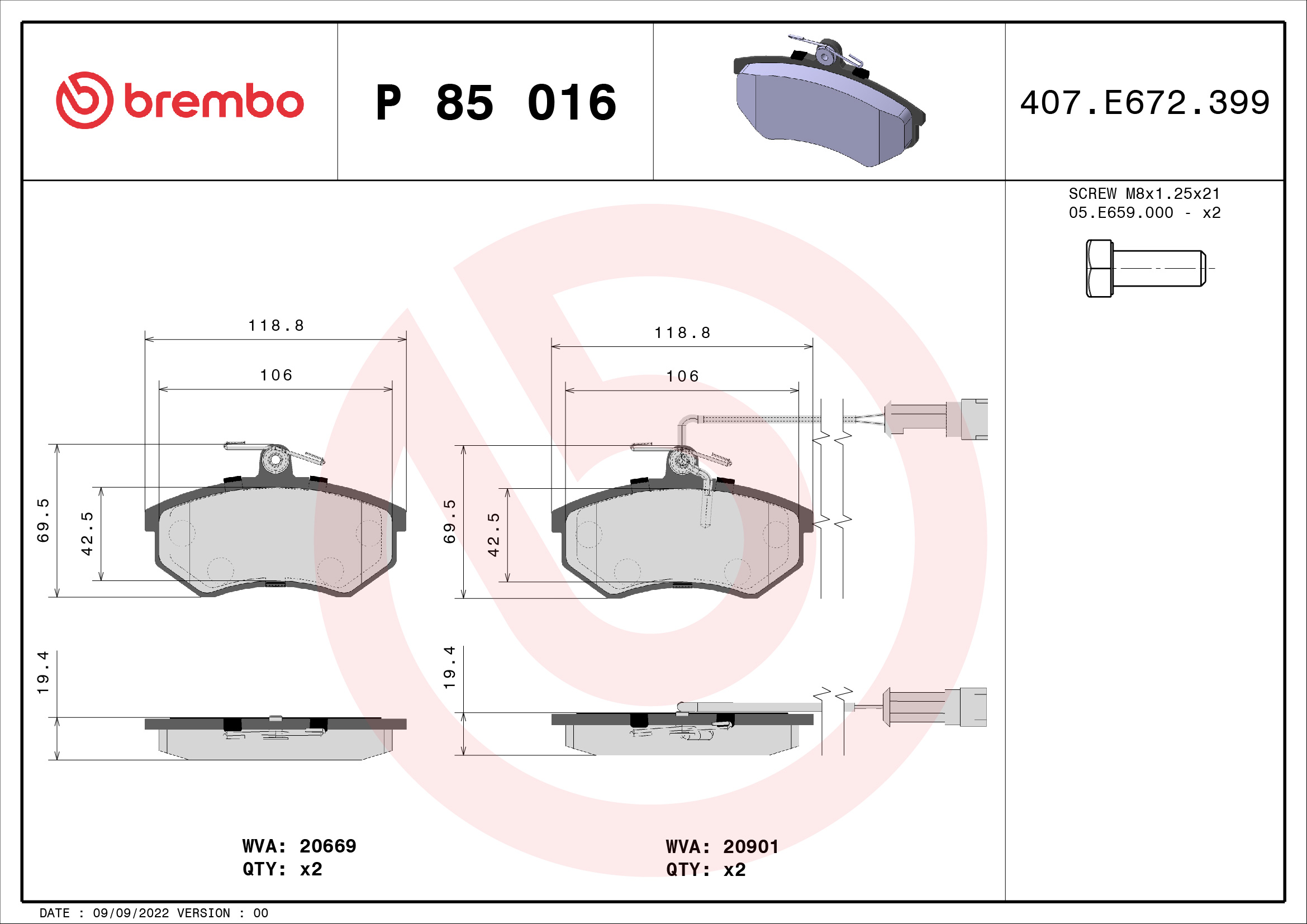 A.B.S. P 85 016 BREMBO Bremsbelagsatz, Scheibenbremse